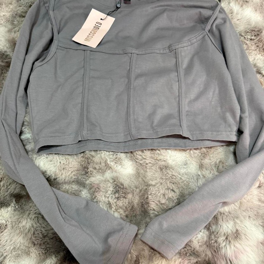 Missguided Grey Long Sleeve Corset Seam Crop Top Crew Neck Jersey Shirt US 8 NWT